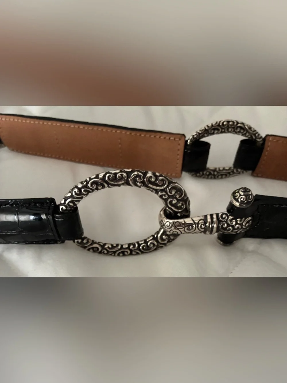 Brighton Black Croc Embossed Patent Leather Hook‎ Belt size 36
